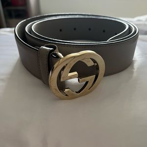 Gucci Storm Grey Leather Interlocking GG Buckle , Gucci Belt